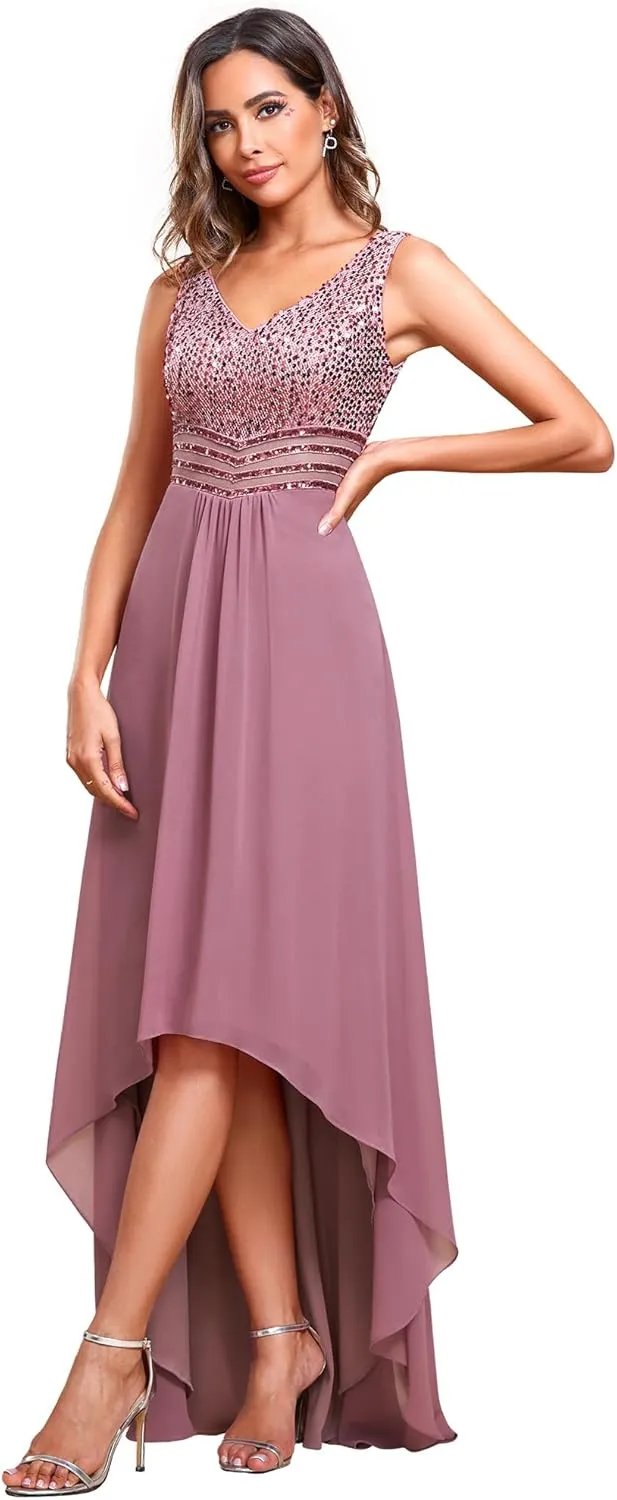 Ever-Pretty Women's Sequin V-Neck See-Through Waist High Low Wedding Guest Dress 0410-USA