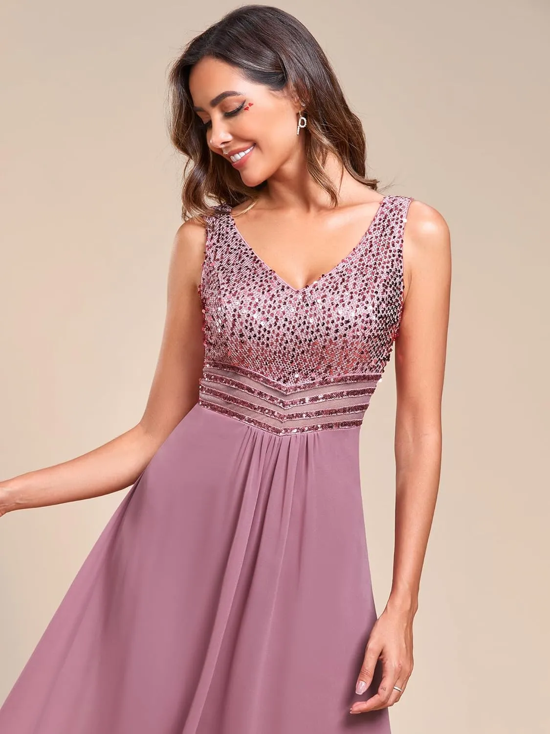 Ever-Pretty Women's Sequin V-Neck See-Through Waist High Low Wedding Guest Dress 0410-USA