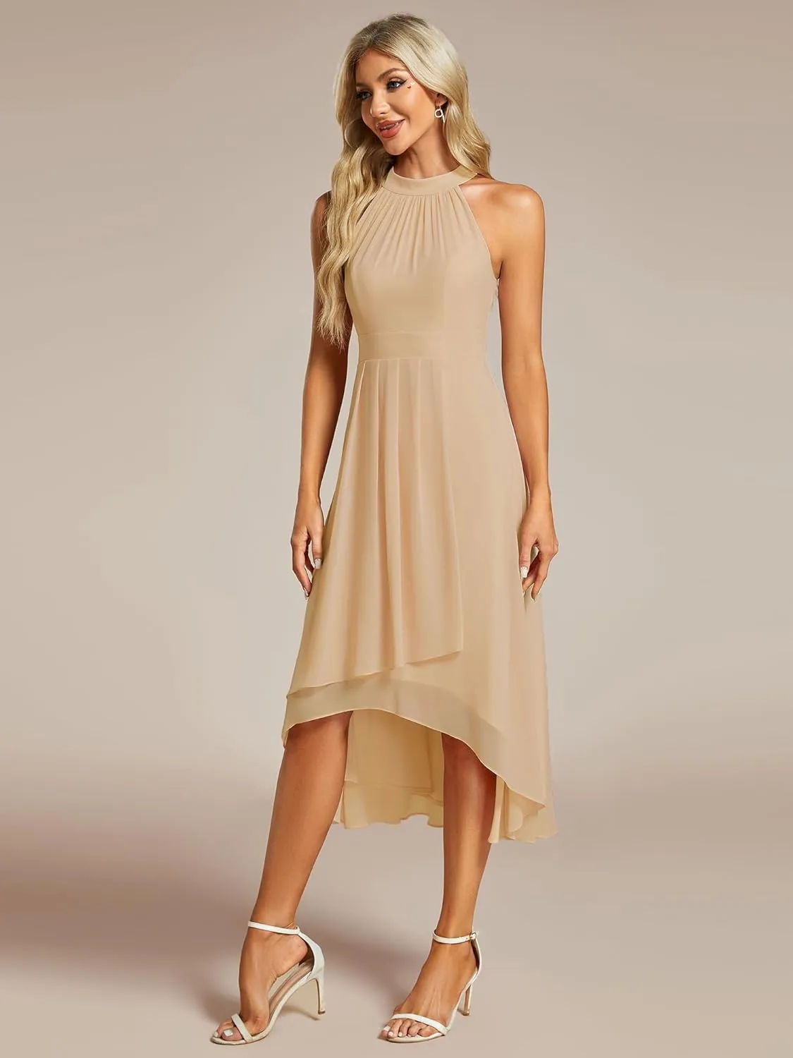 Ever-Pretty Women's Sexy Halter Neck Pletaed Sleeveless Hi-Lo Chiffon Wedding Guest Dress 31926