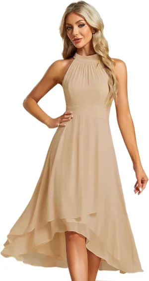Ever-Pretty Women's Sexy Halter Neck Pletaed Sleeveless Hi-Lo Chiffon Wedding Guest Dress 31926