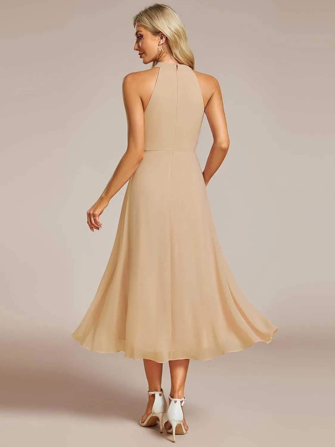 Ever-Pretty Women's Sexy Halter Neck Pletaed Sleeveless Hi-Lo Chiffon Wedding Guest Dress 31926