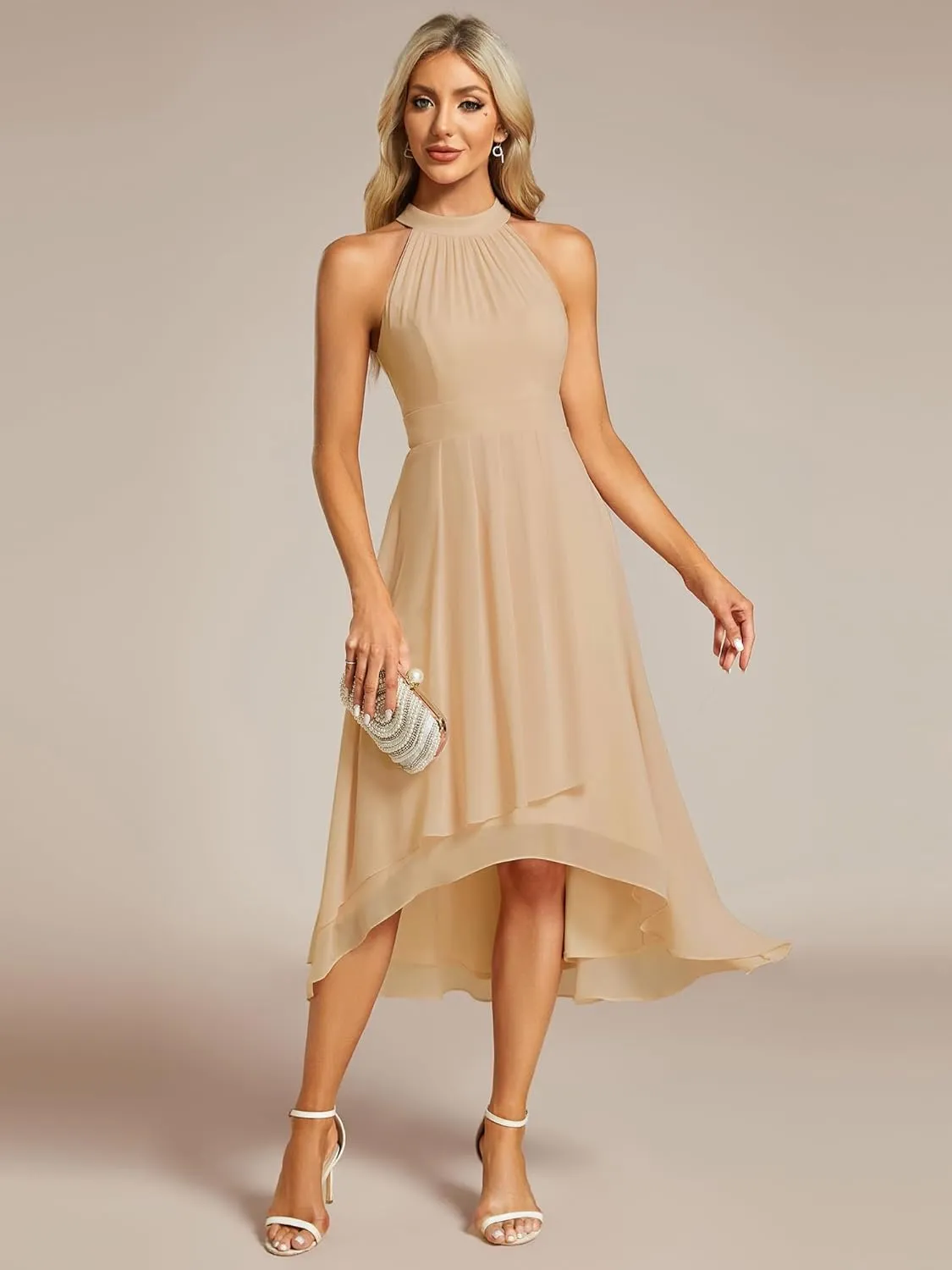 Ever-Pretty Women's Sexy Halter Neck Pletaed Sleeveless Hi-Lo Chiffon Wedding Guest Dress 31926
