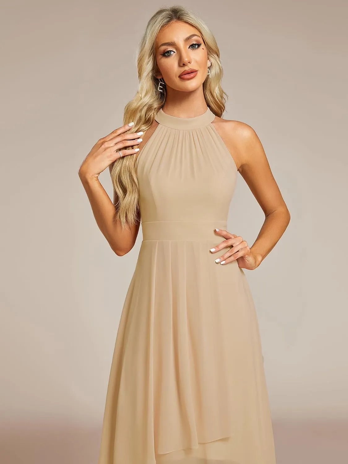 Ever-Pretty Women's Sexy Halter Neck Pletaed Sleeveless Hi-Lo Chiffon Wedding Guest Dress 31926