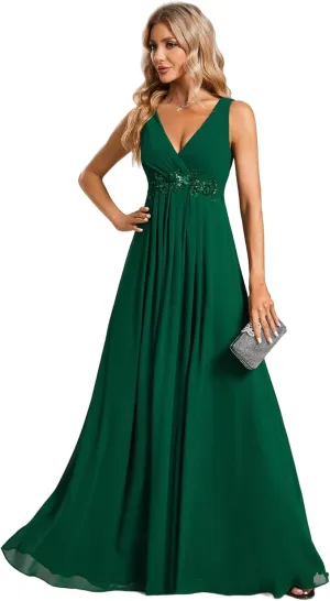 Ever-Pretty Women's Sexy Sleeveless V Neck Appliques Waist Ruched Formal Gowns