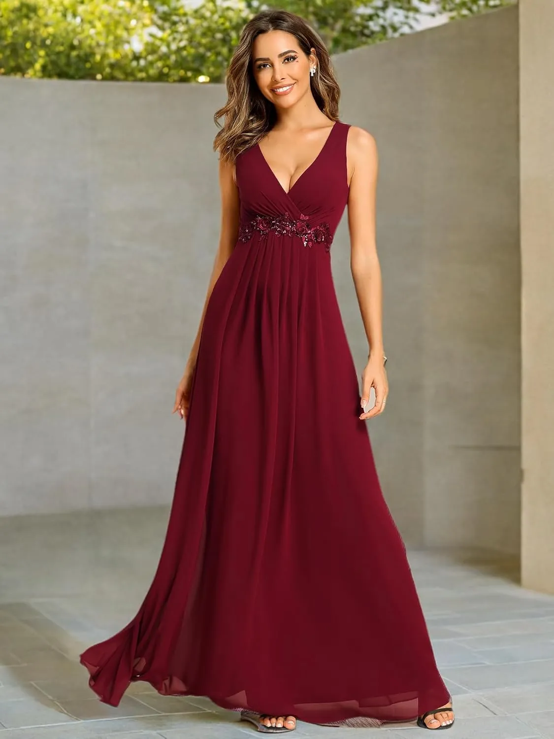 Ever-Pretty Women's Sexy Sleeveless V Neck Appliques Waist Ruched Formal Gowns