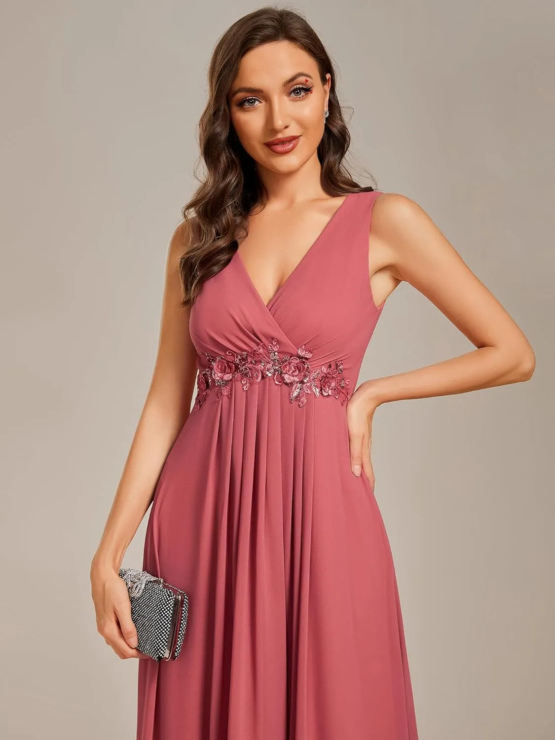 Ever-Pretty Women's Sexy Sleeveless V Neck Appliques Waist Ruched Formal Gowns