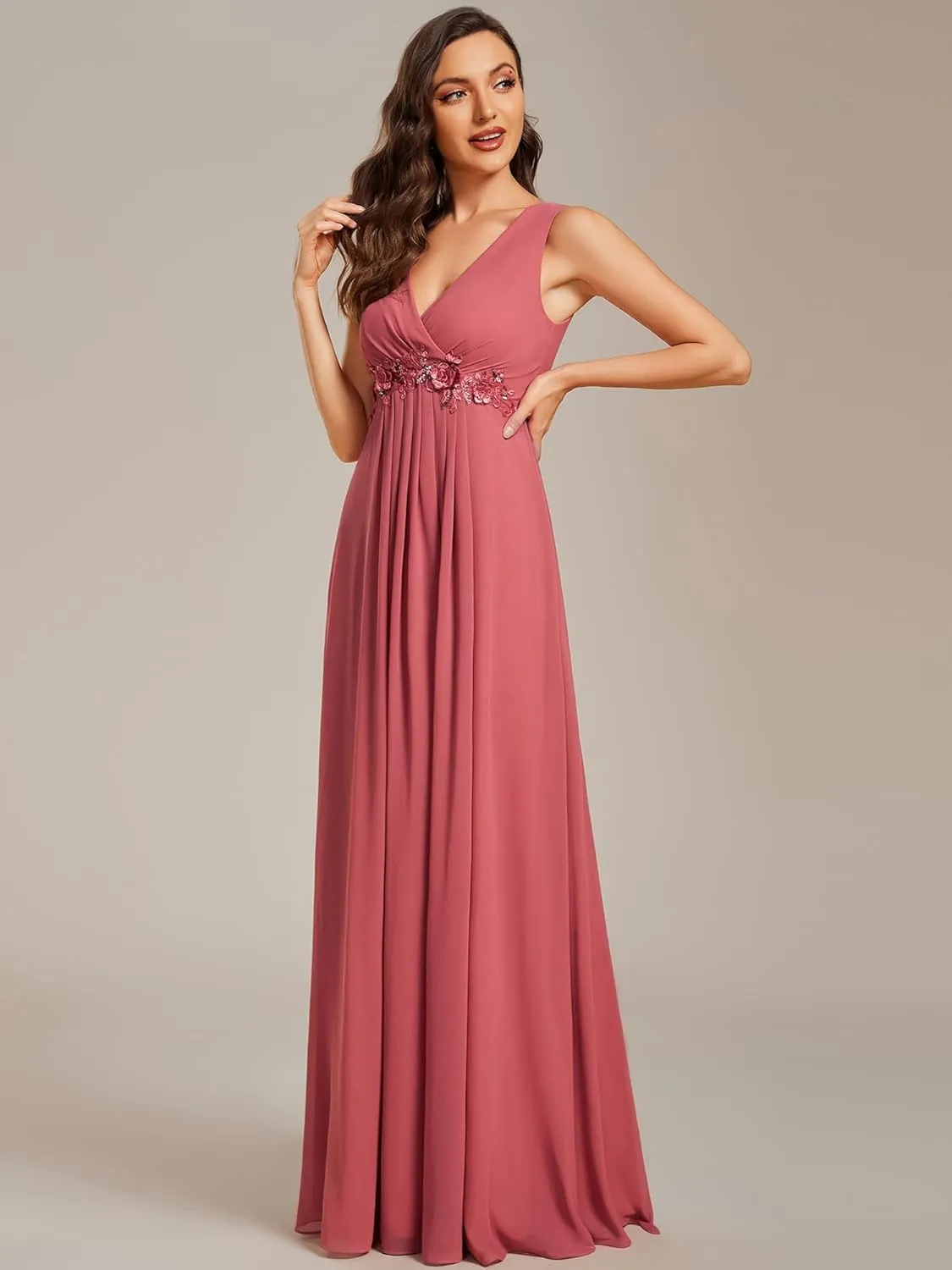 Ever-Pretty Women's Sexy Sleeveless V Neck Appliques Waist Ruched Formal Gowns