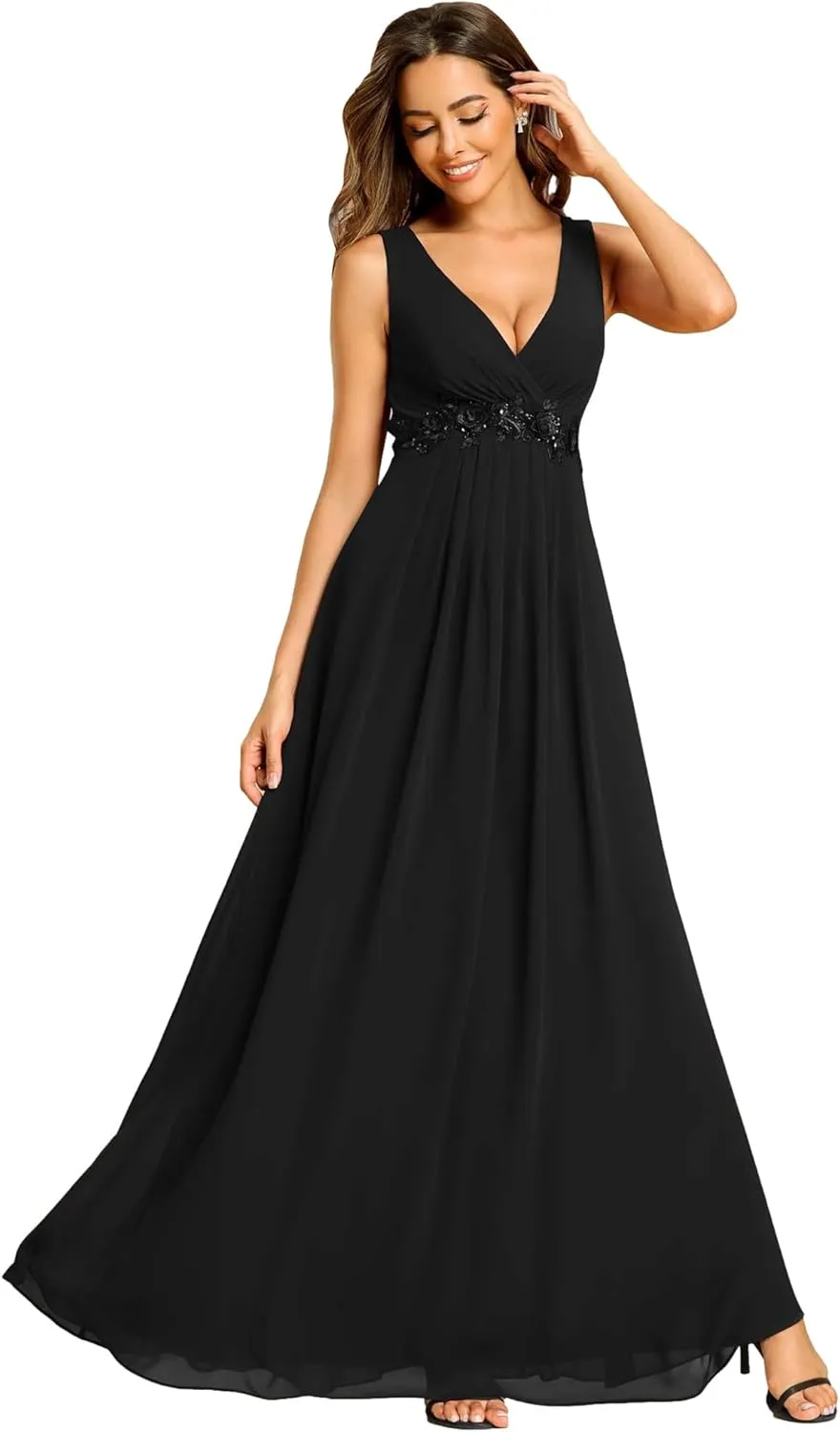 Ever-Pretty Women's Sexy Sleeveless V Neck Appliques Waist Ruched Formal Gowns