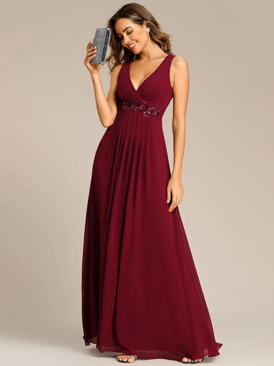 Ever-Pretty Women's Sexy Sleeveless V Neck Appliques Waist Ruched Formal Gowns