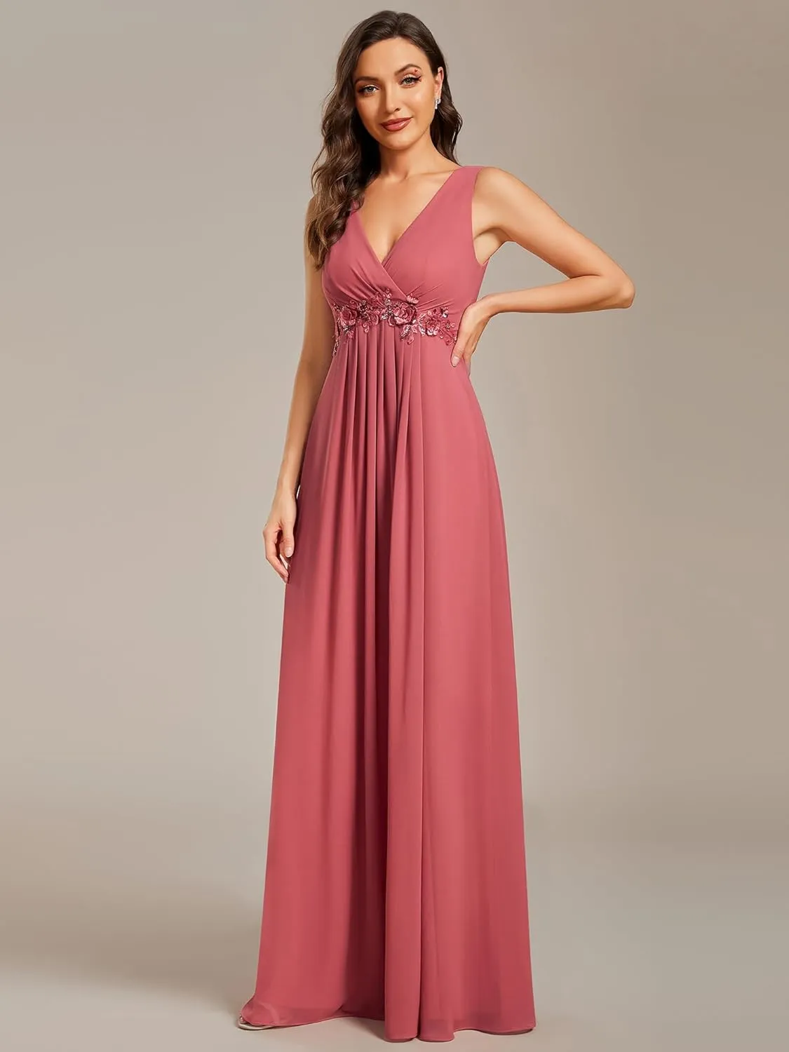 Ever-Pretty Women's Sexy Sleeveless V Neck Appliques Waist Ruched Formal Gowns