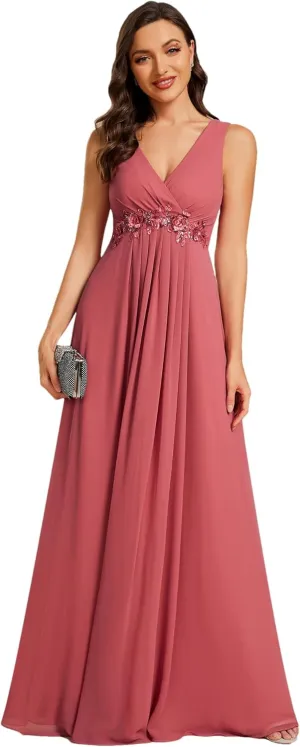 Ever-Pretty Women's Sexy Sleeveless V Neck Appliques Waist Ruched Formal Gowns