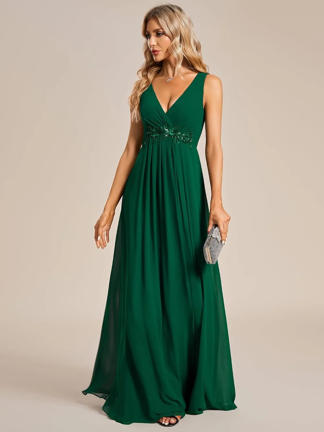 Ever-Pretty Women's Sexy Sleeveless V Neck Appliques Waist Ruched Formal Gowns