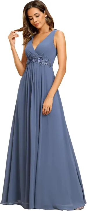 Ever-Pretty Women's Sexy Sleeveless V Neck Appliques Waist Ruched Formal Gowns