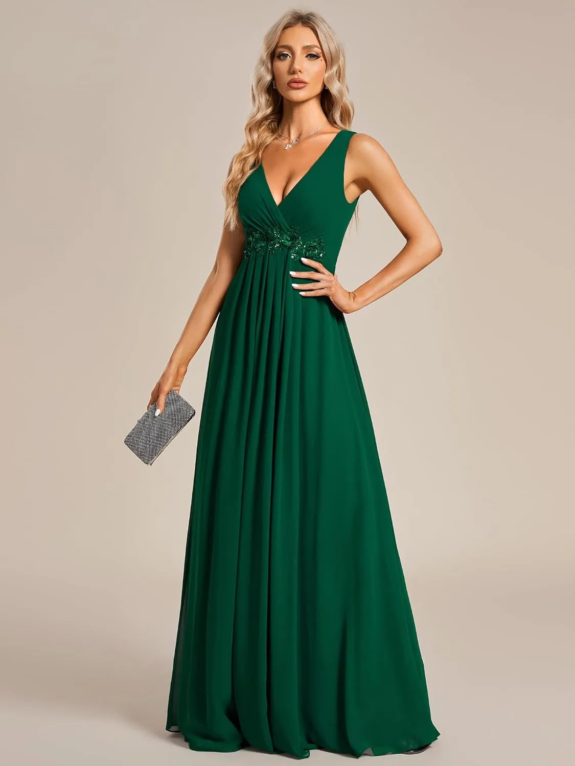 Ever-Pretty Women's Sexy Sleeveless V Neck Appliques Waist Ruched Formal Gowns