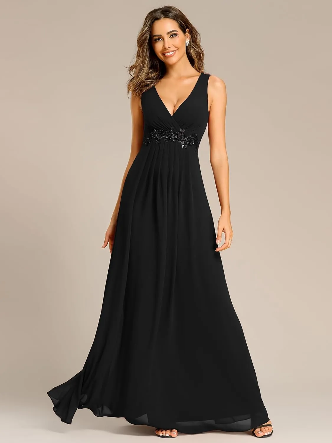 Ever-Pretty Women's Sexy Sleeveless V Neck Appliques Waist Ruched Formal Gowns