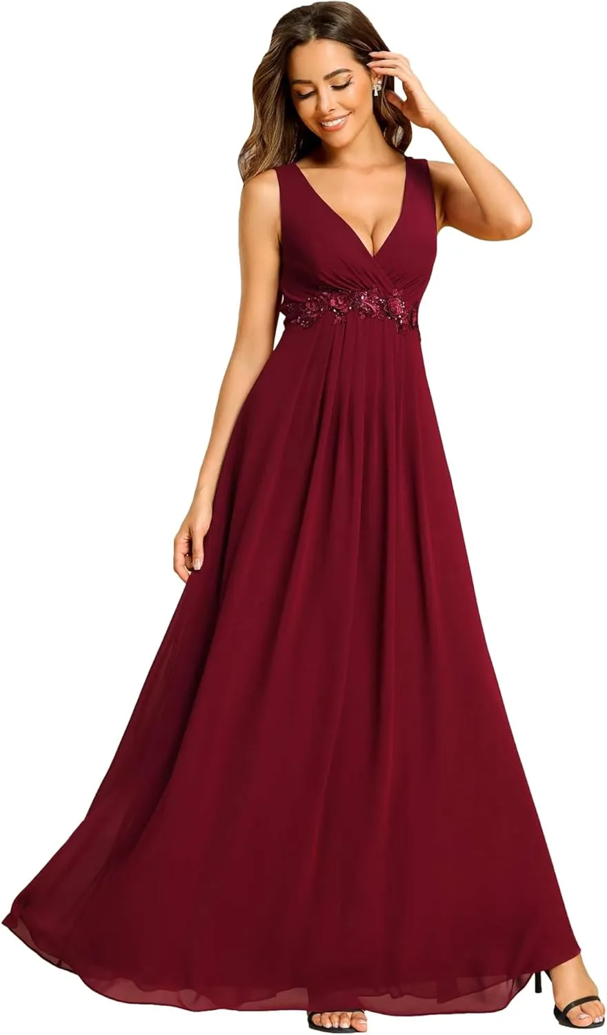 Ever-Pretty Women's Sexy Sleeveless V Neck Appliques Waist Ruched Formal Gowns
