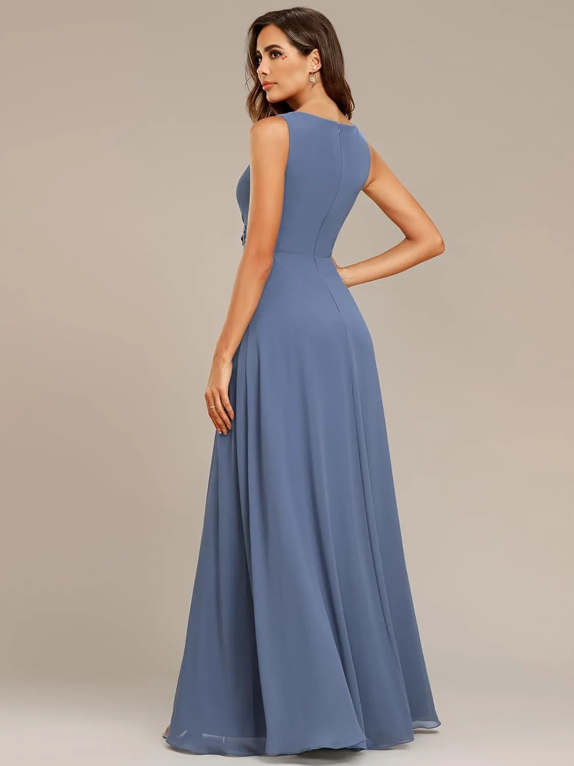 Ever-Pretty Women's Sexy Sleeveless V Neck Appliques Waist Ruched Formal Gowns