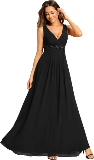 Ever-Pretty Women's Sexy Sleeveless V Neck Appliques Waist Ruched Formal Gowns