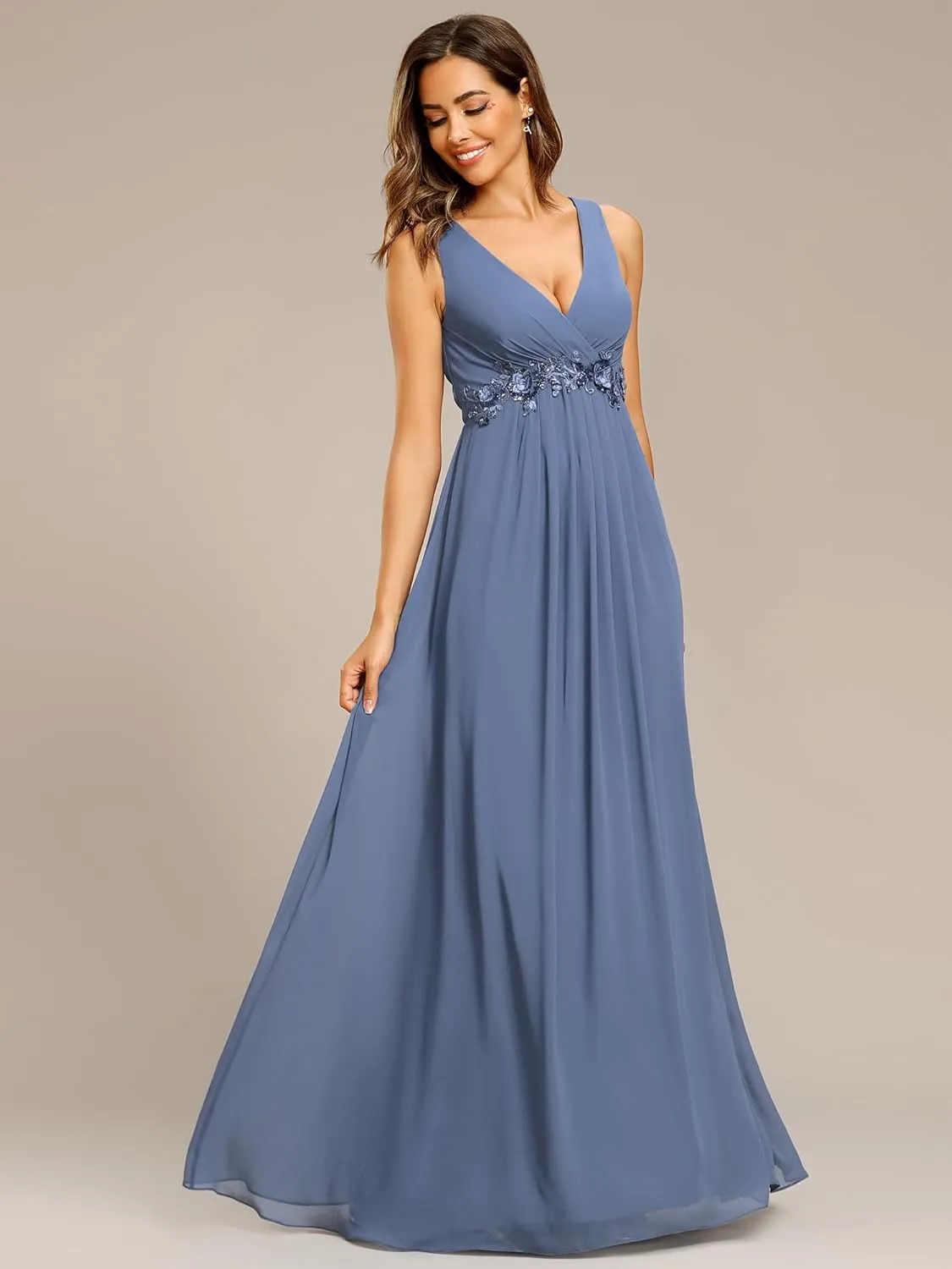 Ever-Pretty Women's Sexy Sleeveless V Neck Appliques Waist Ruched Formal Gowns