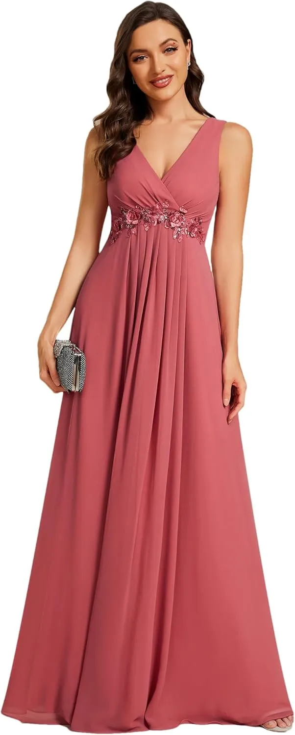 Ever-Pretty Women's Sexy Sleeveless V Neck Appliques Waist Ruched Formal Gowns