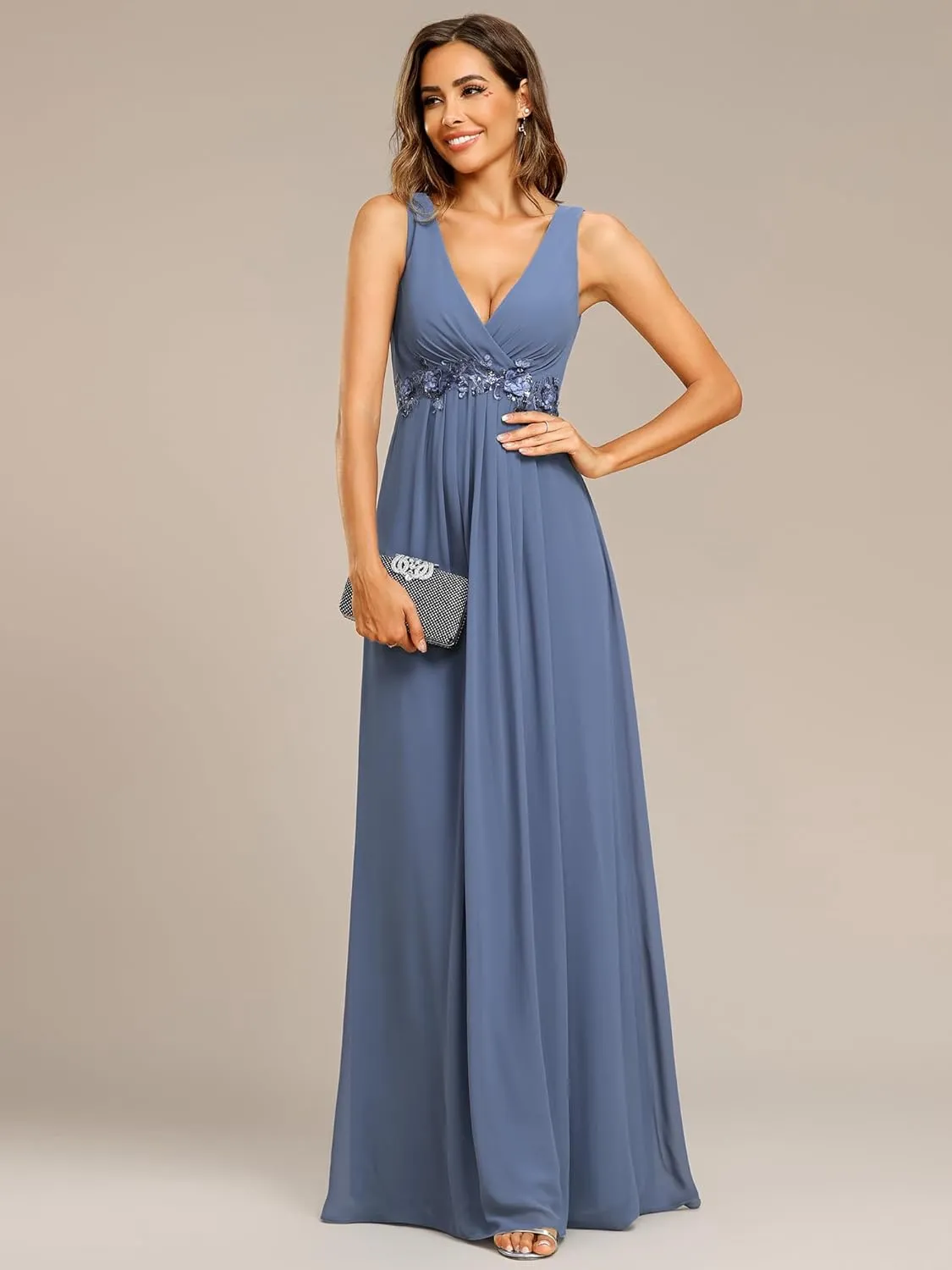 Ever-Pretty Women's Sexy Sleeveless V Neck Appliques Waist Ruched Formal Gowns