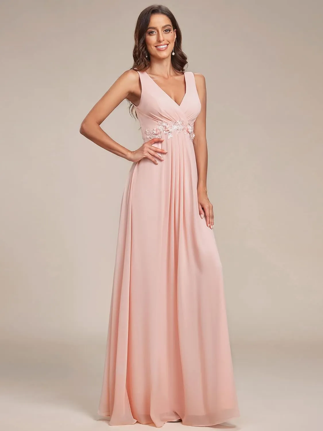 Ever-Pretty Women's Sexy Sleeveless V Neck Appliques Waist Ruched Formal Gowns