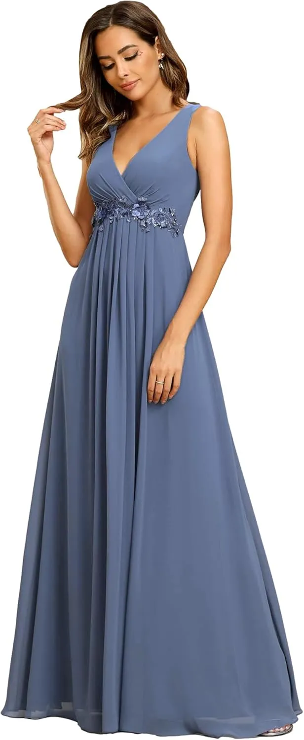 Ever-Pretty Women's Sexy Sleeveless V Neck Appliques Waist Ruched Formal Gowns
