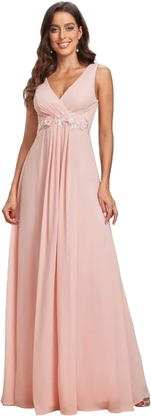 Ever-Pretty Women's Sexy Sleeveless V Neck Appliques Waist Ruched Formal Gowns