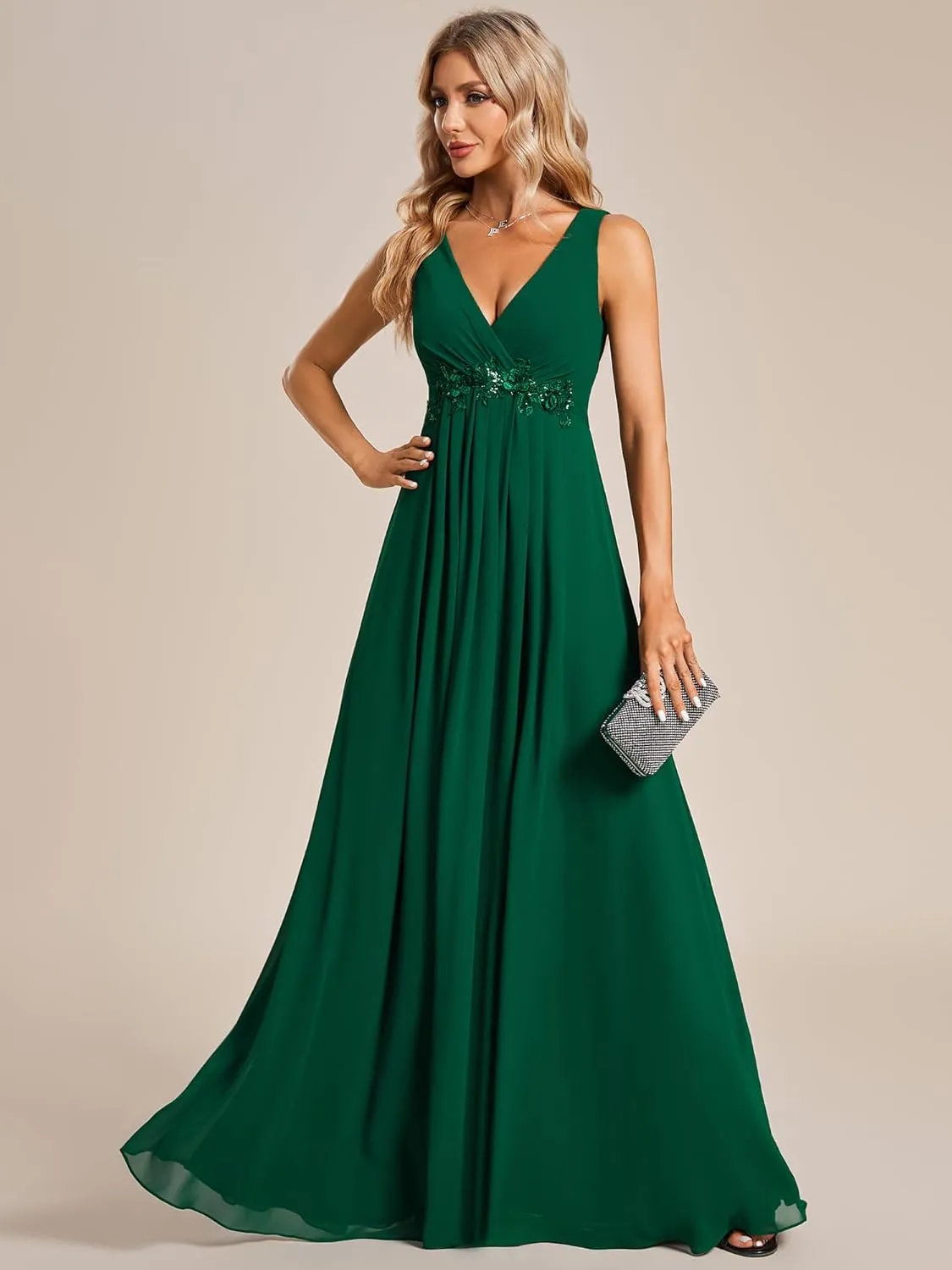Ever-Pretty Women's Sexy Sleeveless V Neck Appliques Waist Ruched Formal Gowns