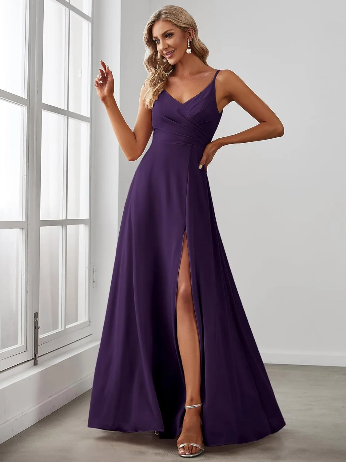 Ever-Pretty Women's Sexy Spaghetti Straps Chiffon Ruched V-Neck Slit Floor-Length Formal Dress