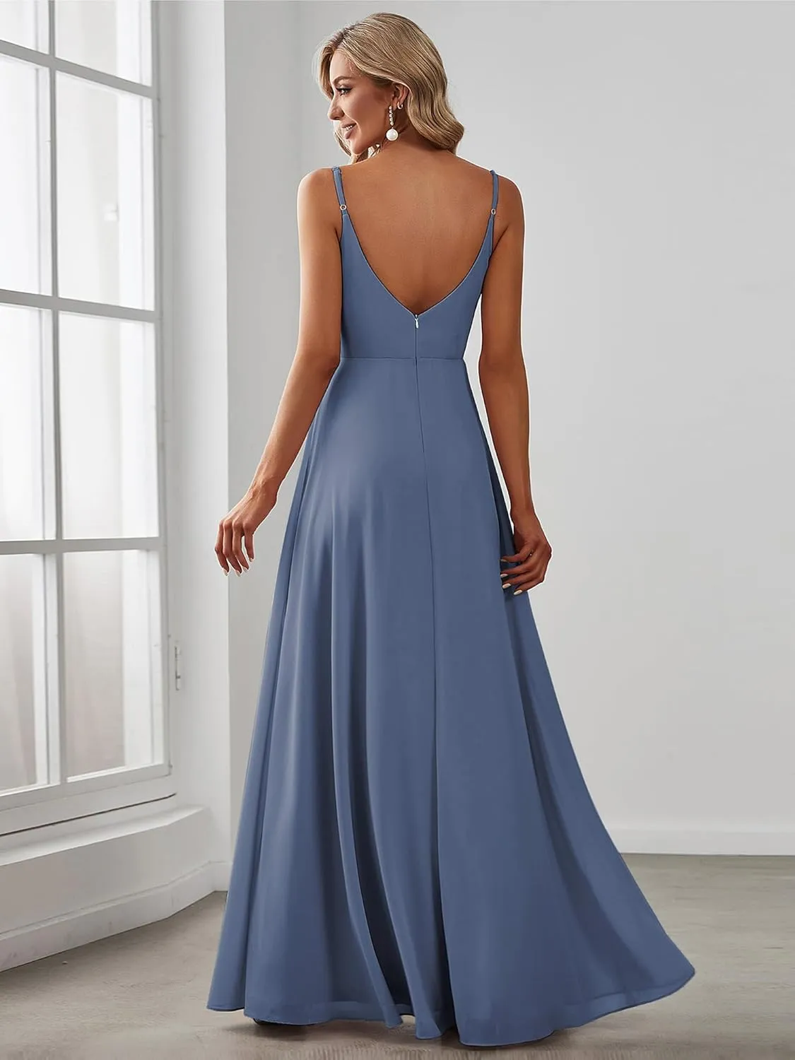 Ever-Pretty Women's Sexy Spaghetti Straps Chiffon Ruched V-Neck Slit Floor-Length Formal Dress