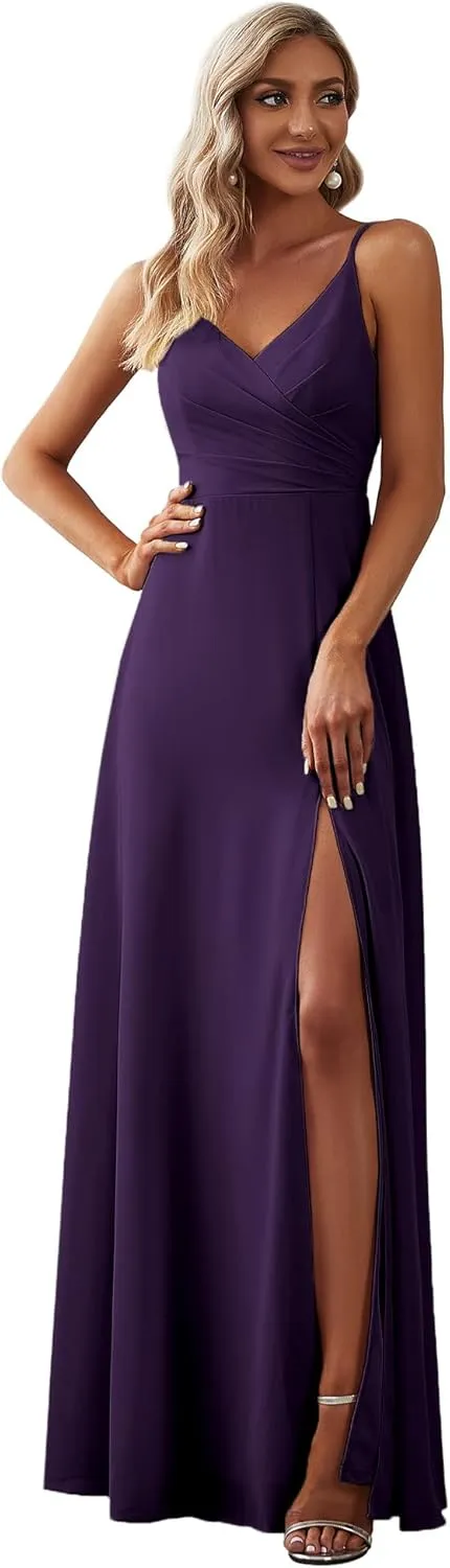 Ever-Pretty Women's Sexy Spaghetti Straps Chiffon Ruched V-Neck Slit Floor-Length Formal Dress