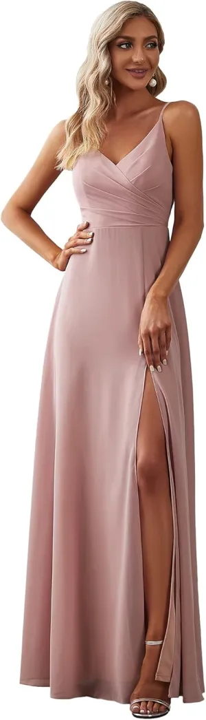 Ever-Pretty Women's Sexy Spaghetti Straps Chiffon Ruched V-Neck Slit Floor-Length Formal Dress