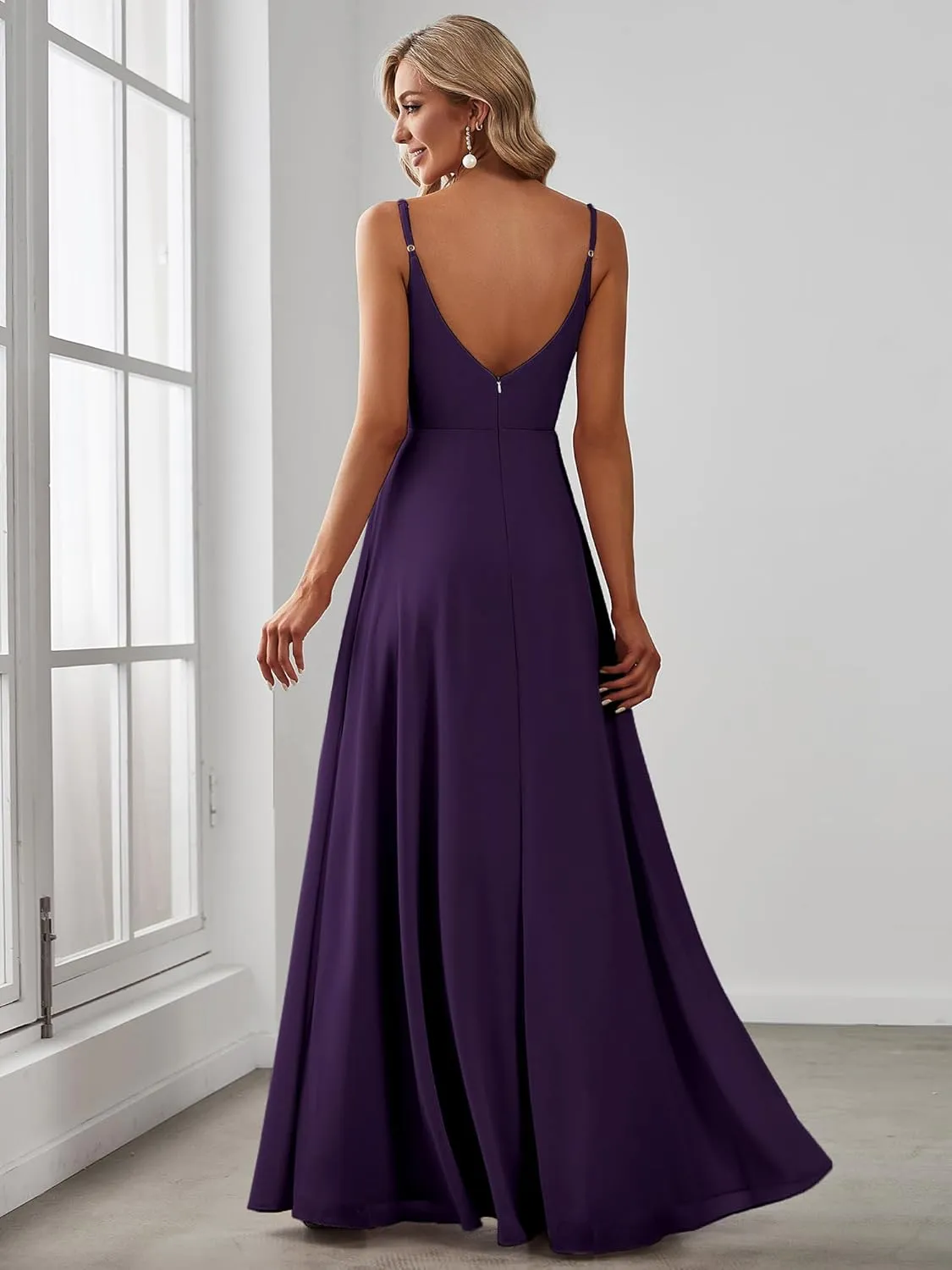 Ever-Pretty Women's Sexy Spaghetti Straps Chiffon Ruched V-Neck Slit Floor-Length Formal Dress