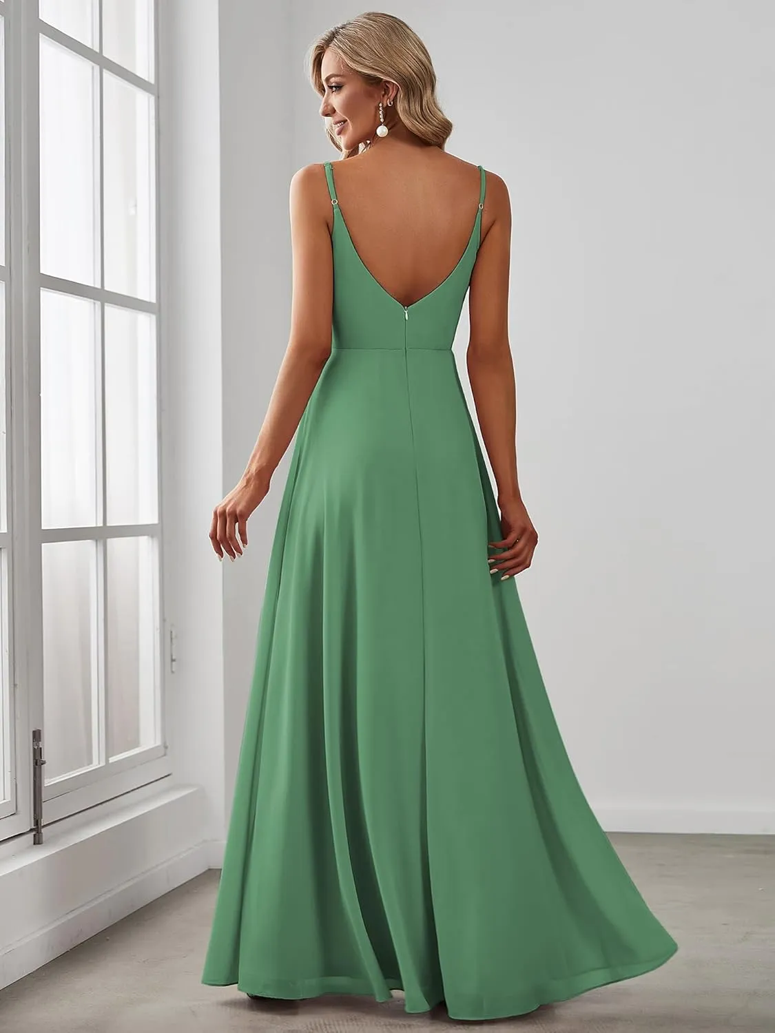 Ever-Pretty Women's Sexy Spaghetti Straps Chiffon Ruched V-Neck Slit Floor-Length Formal Dress