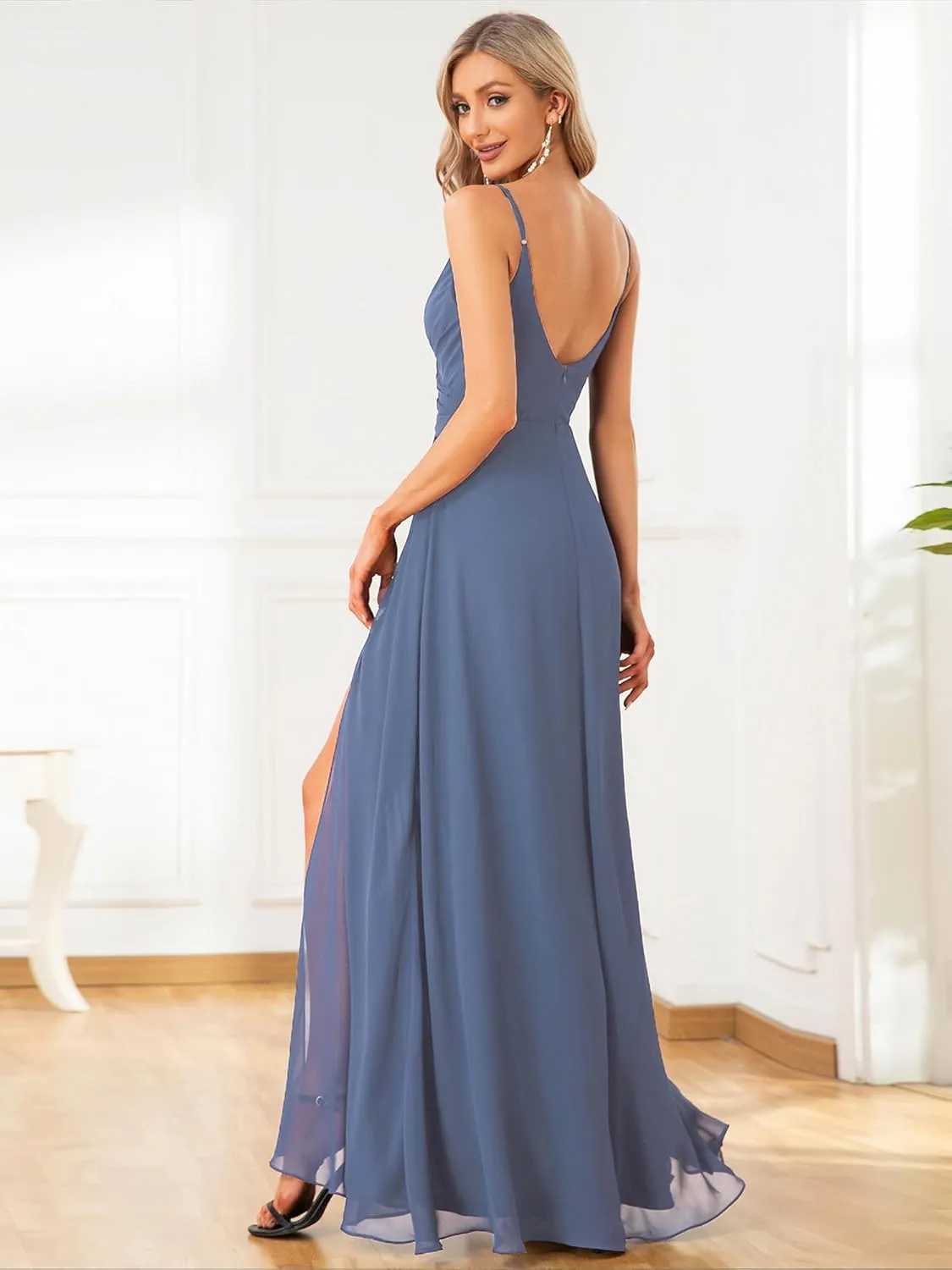 Ever-Pretty Women's Sexy Spaghetti Straps Chiffon Ruched V-Neck Slit Floor-Length Formal Dress