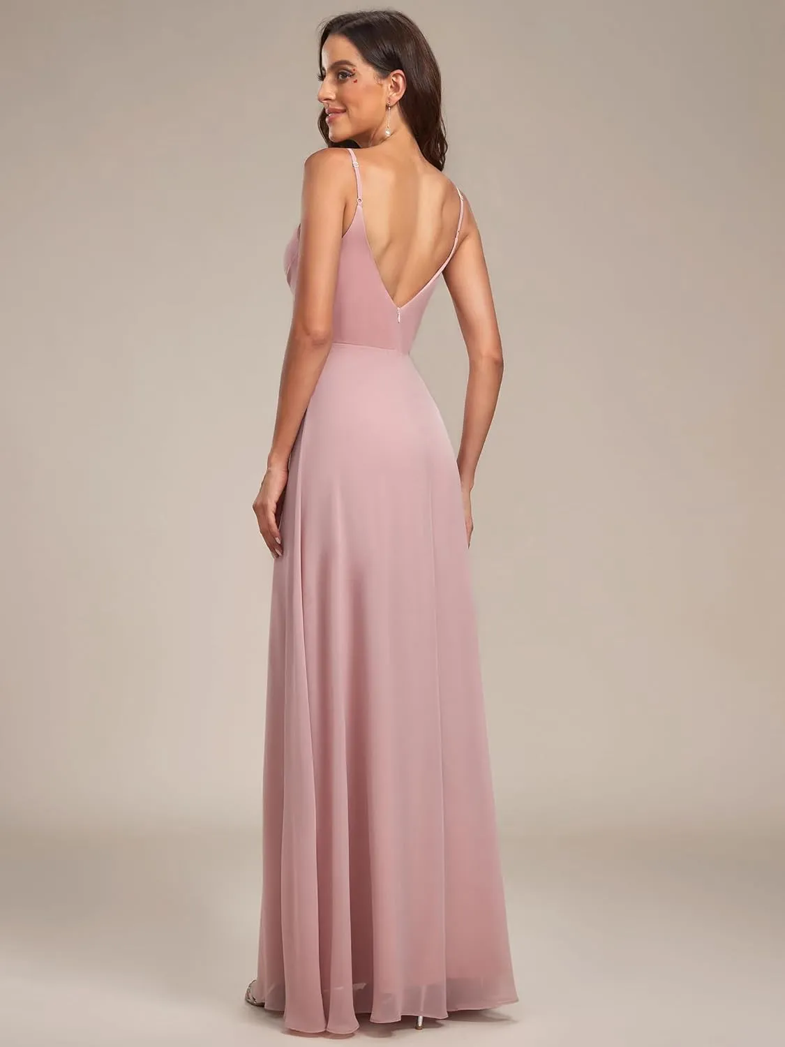 Ever-Pretty Women's Sexy Spaghetti Straps Chiffon Ruched V-Neck Slit Floor-Length Formal Dress