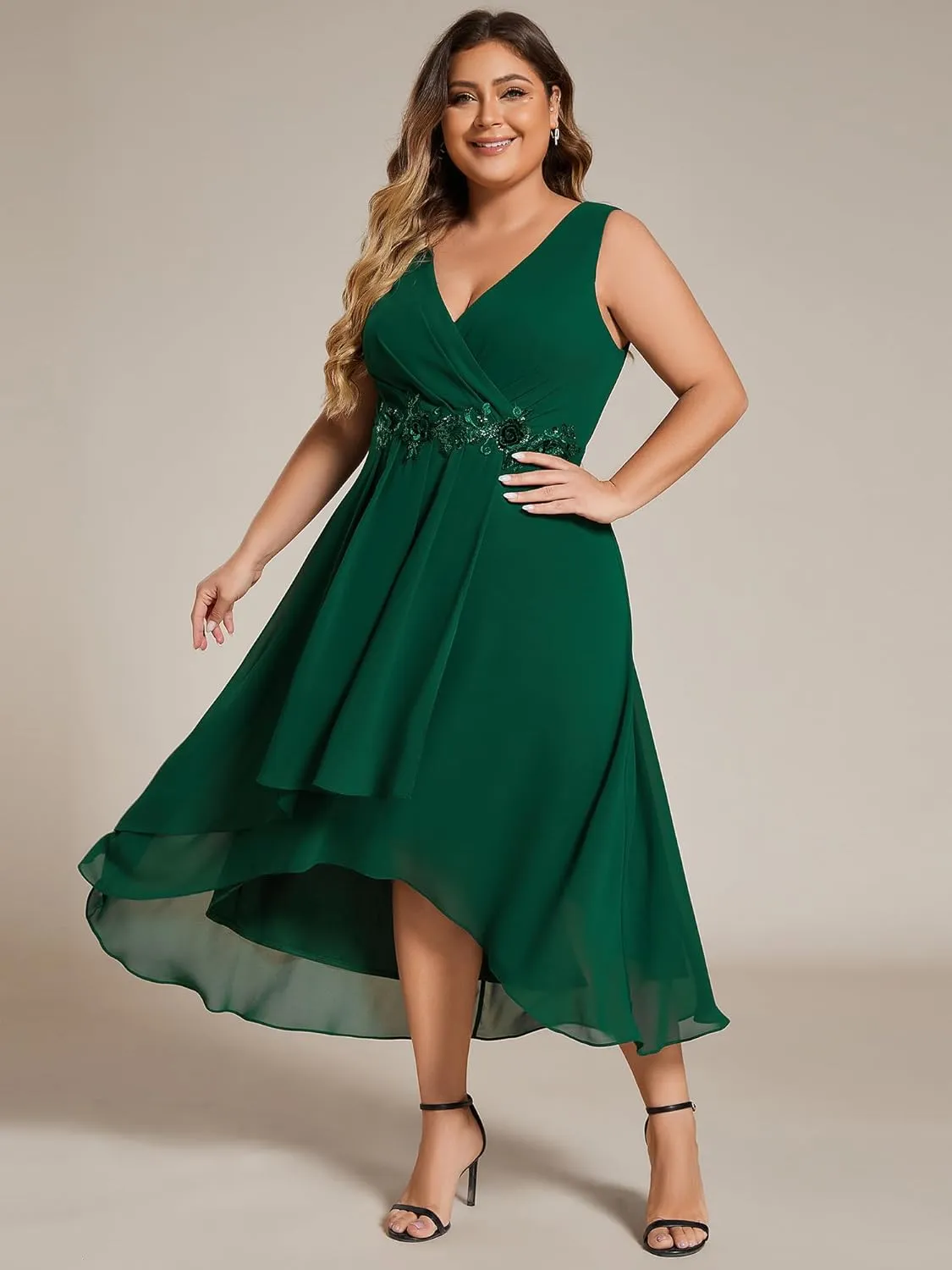 Ever-Pretty Women's Summer Chiffon Sleeveless V Neck Applique Plus Size High Low Formal Wedding Guest Dresses 41926-DA