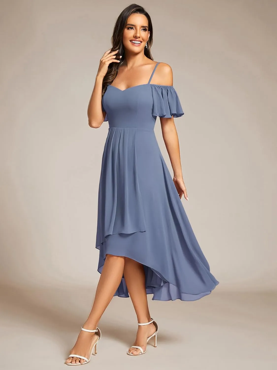 Ever-Pretty Women's Summer Cold Shoulder Hi-Lo Asymmetrical Hem Flowy Chiffon Short Wedding Guest Dress 02103