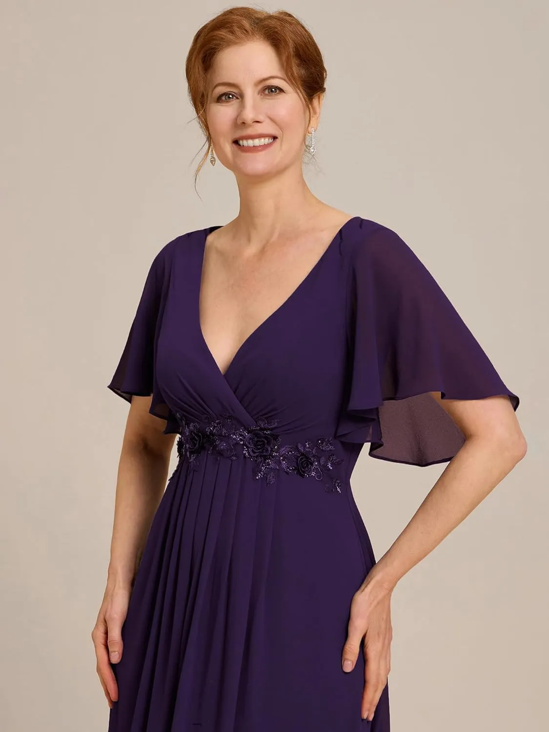 Ever-Pretty Women's V Neck Appliques Pleated Chiffon A Line Floor Length Mother of The Bride Dresses