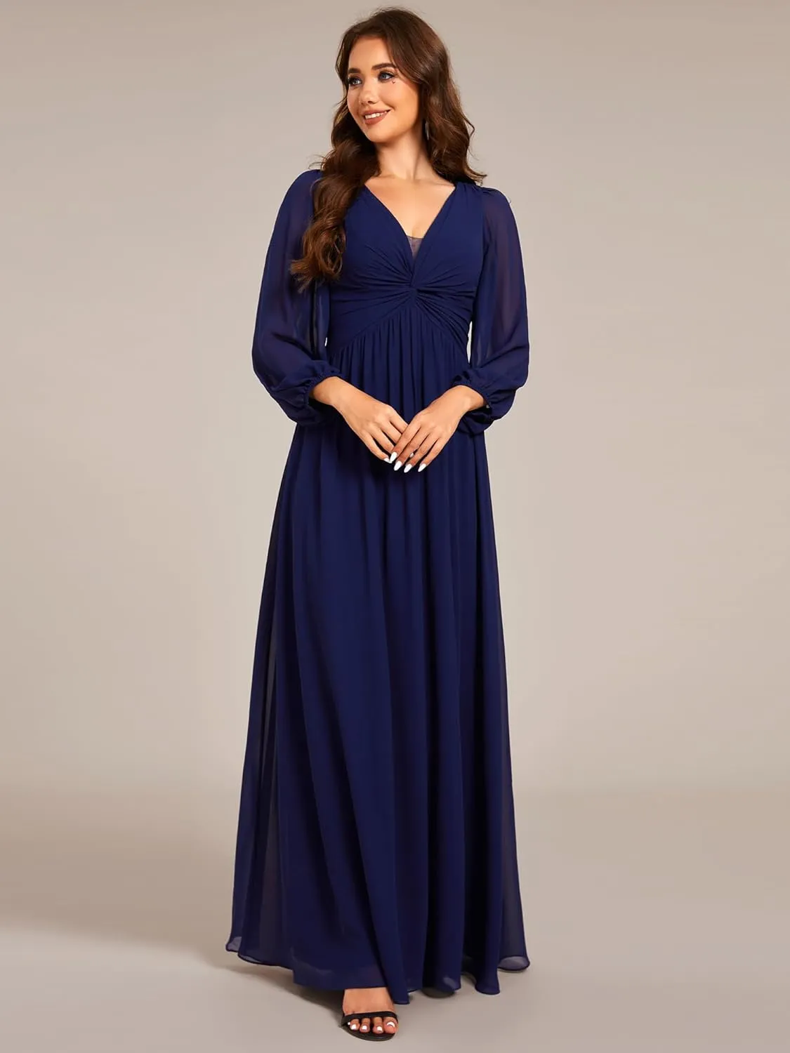 Ever-Pretty Women's V-Neck Long Sleeves A-Line Pleated Chiffon Floor Length Formal Dress 02235