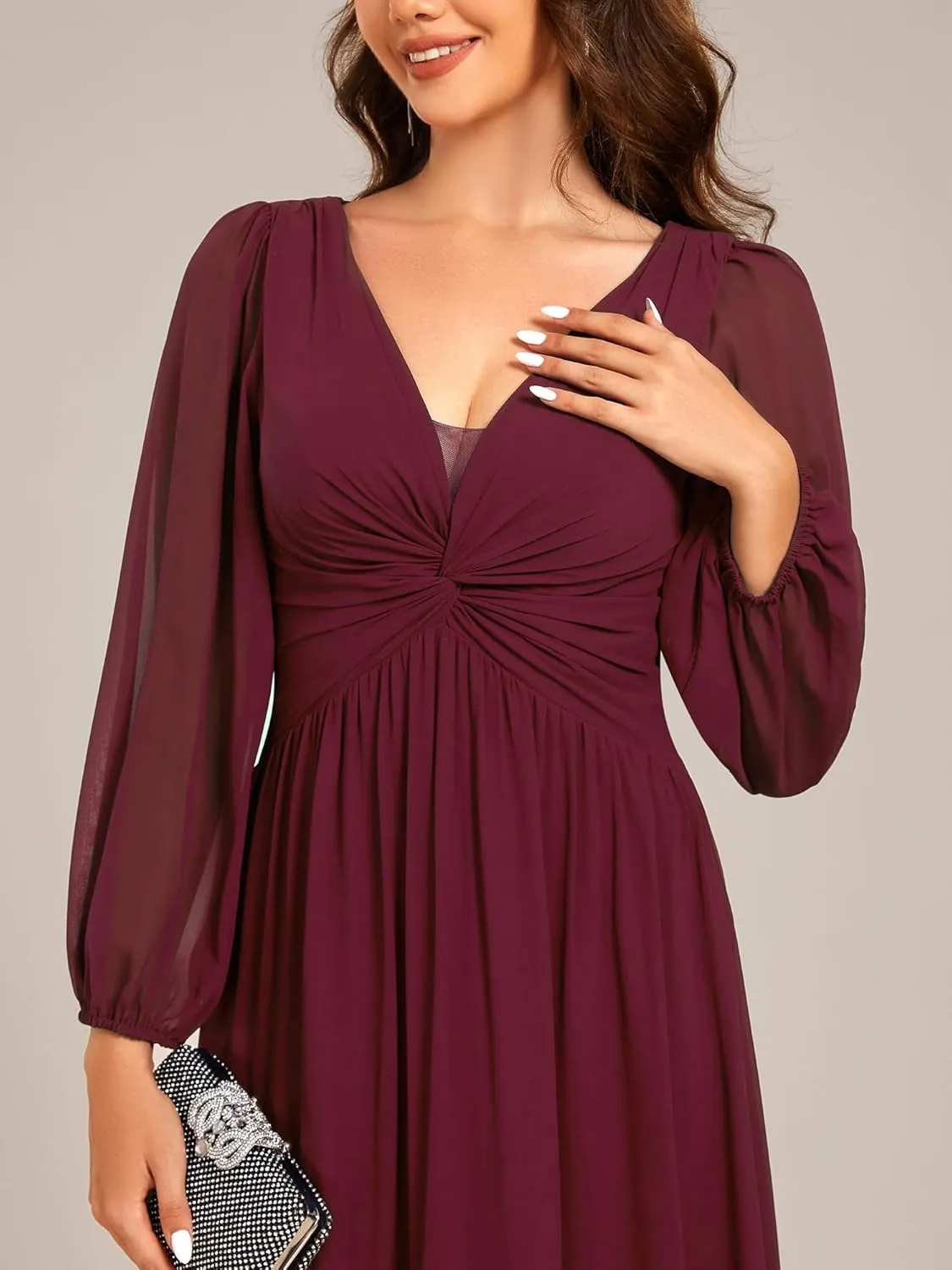 Ever-Pretty Women's V-Neck Long Sleeves A-Line Pleated Chiffon Floor Length Formal Dress 02235
