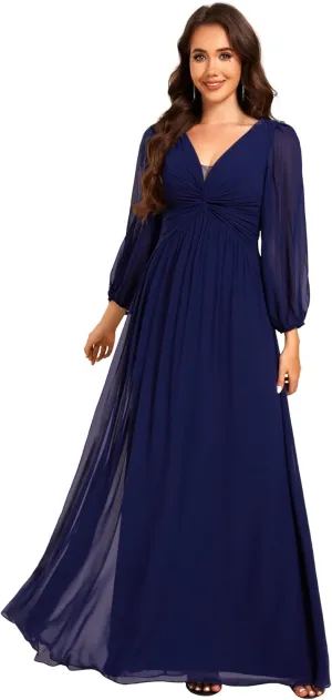Ever-Pretty Women's V-Neck Long Sleeves A-Line Pleated Chiffon Floor Length Formal Dress 02235