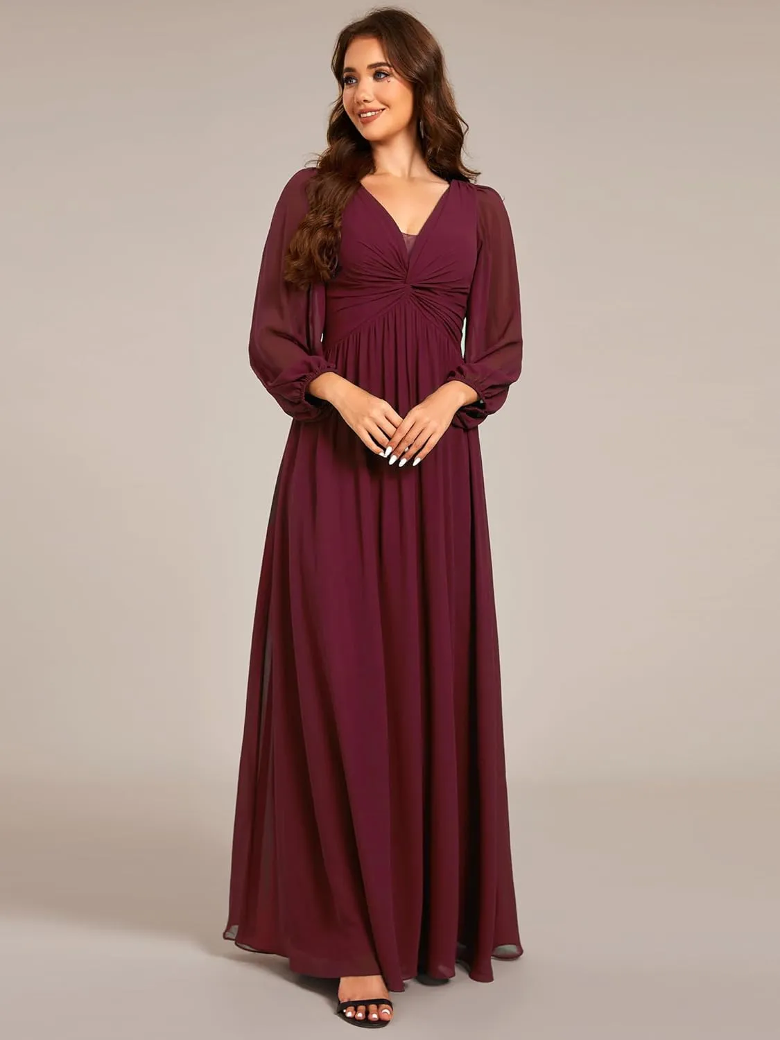 Ever-Pretty Women's V-Neck Long Sleeves A-Line Pleated Chiffon Floor Length Formal Dress 02235