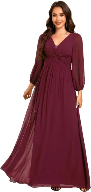 Ever-Pretty Women's V-Neck Long Sleeves A-Line Pleated Chiffon Floor Length Formal Dress 02235