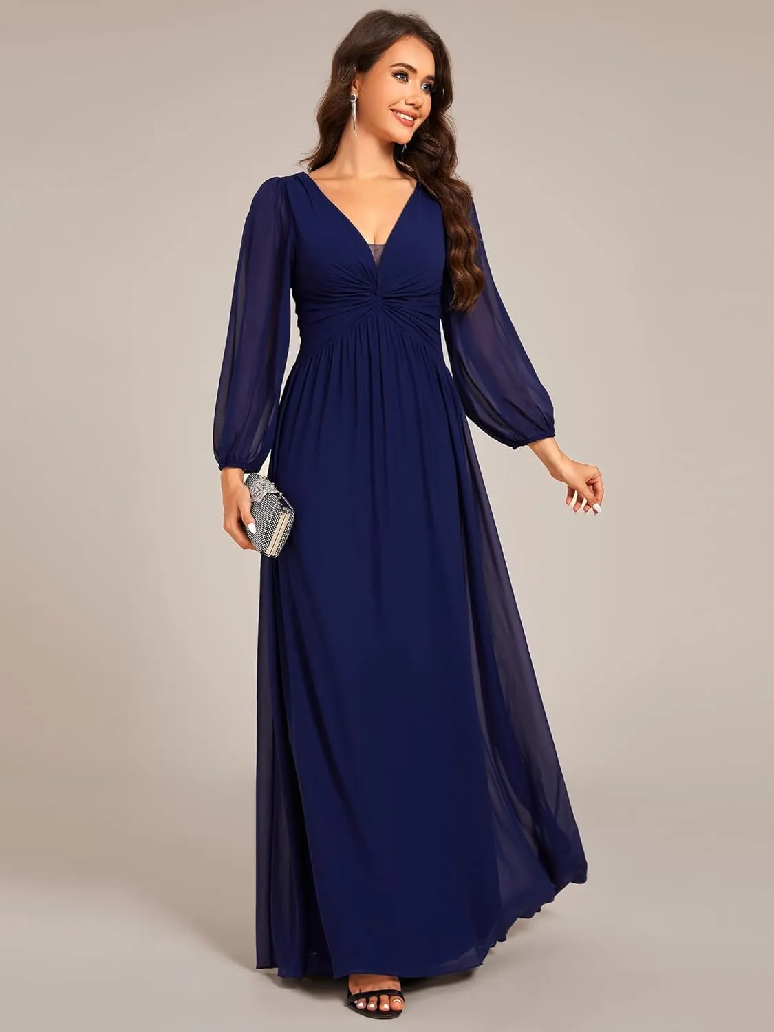 Ever-Pretty Women's V-Neck Long Sleeves A-Line Pleated Chiffon Floor Length Formal Dress 02235