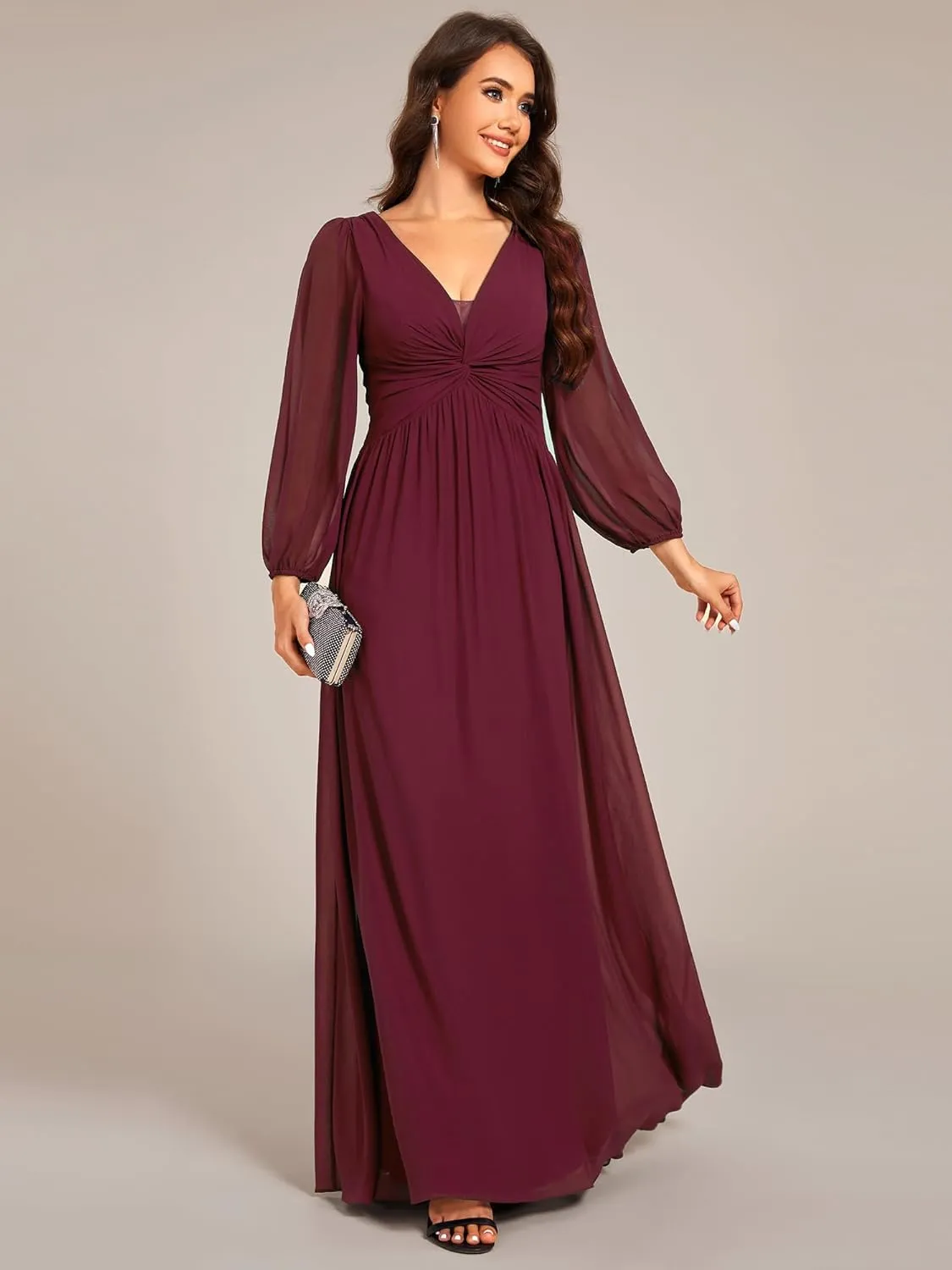 Ever-Pretty Women's V-Neck Long Sleeves A-Line Pleated Chiffon Floor Length Formal Dress 02235