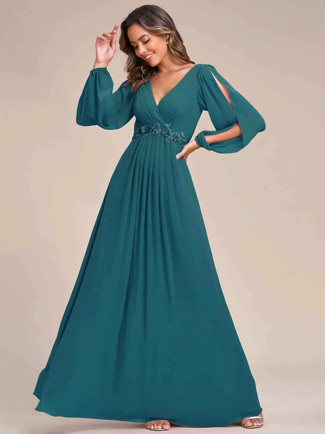 Ever-Pretty Women's V Neck Long Sleeves Floor Length Ruched Chiffon Formal Dress 00461