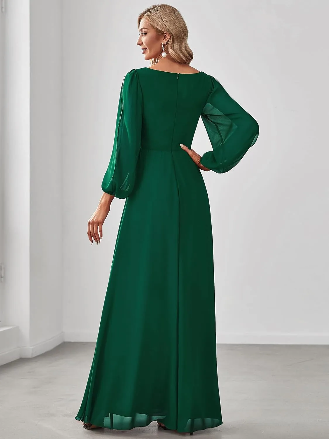 Ever-Pretty Women's V Neck Long Sleeves Floor Length Ruched Chiffon Formal Dress 00461