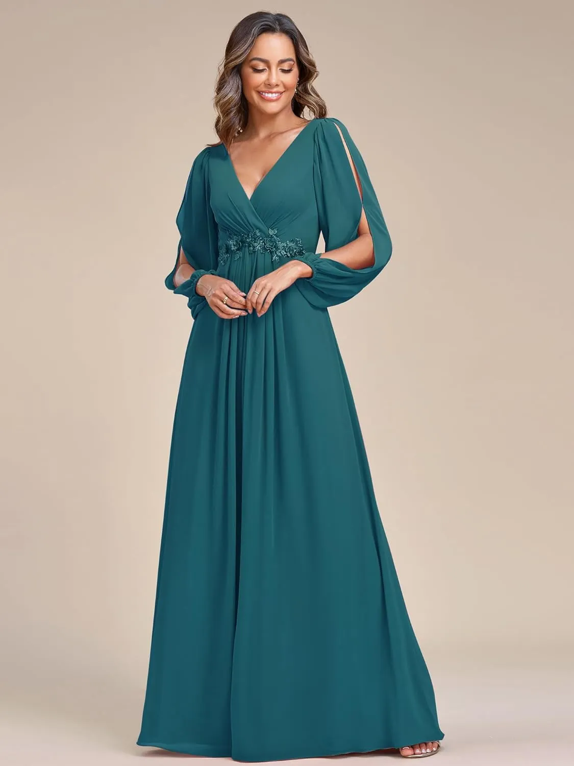 Ever-Pretty Women's V Neck Long Sleeves Floor Length Ruched Chiffon Formal Dress 00461